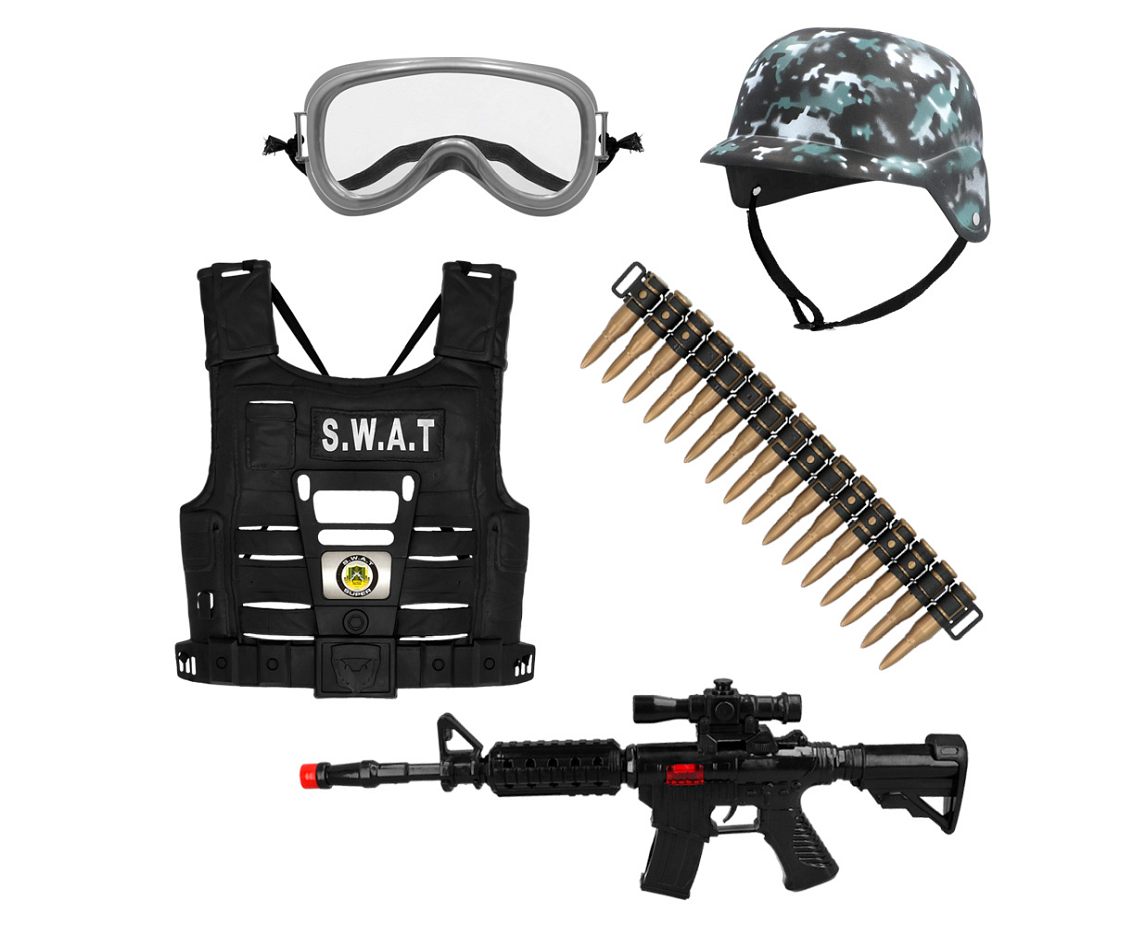 Zestaw dla dzieci 'S.W.A.T' (hełm, kamizelka, okulary ochronne, pas na kule, karabin)