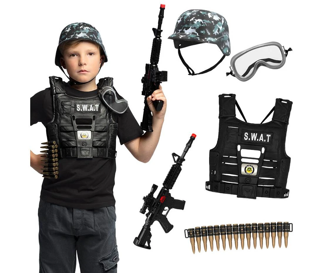 Zestaw dla dzieci 'S.W.A.T' (hełm, kamizelka, okulary ochronne, pas na kule, karabin)