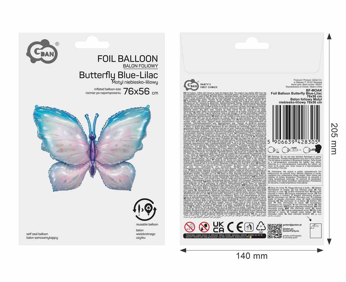 Balon foliowy Motyl niebiesko-liliowy 76x56 cm