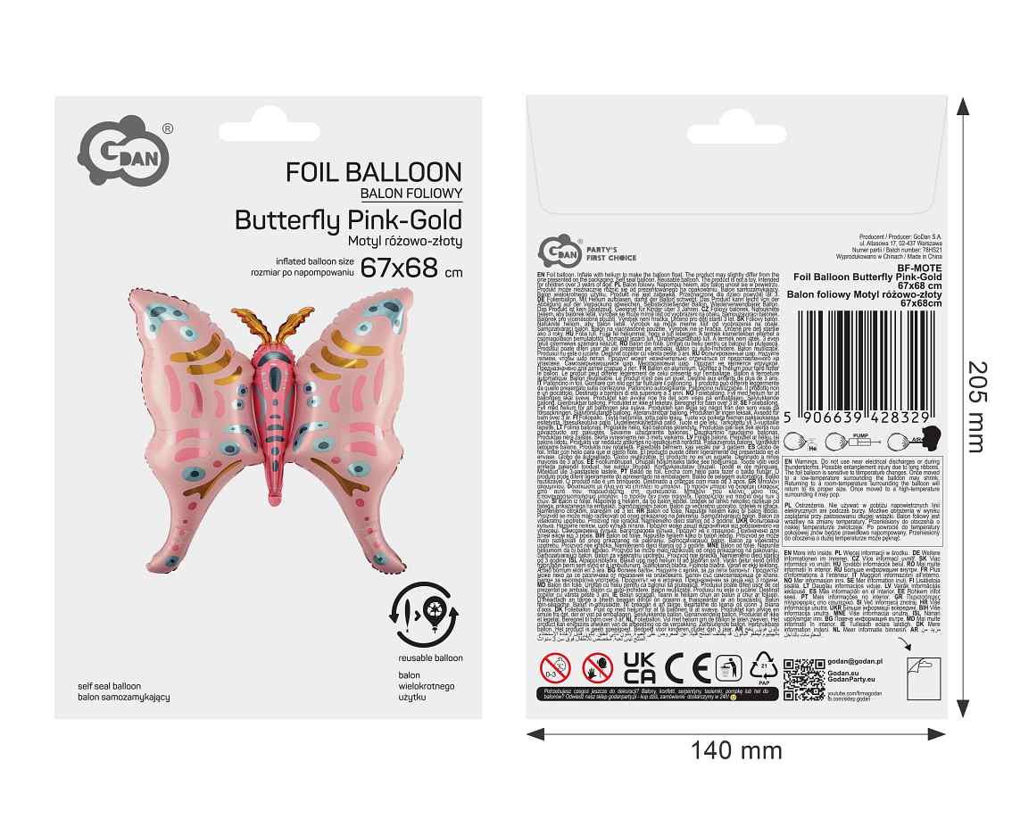 Balon foliowy Motyl różowo-złoty  67x68cm