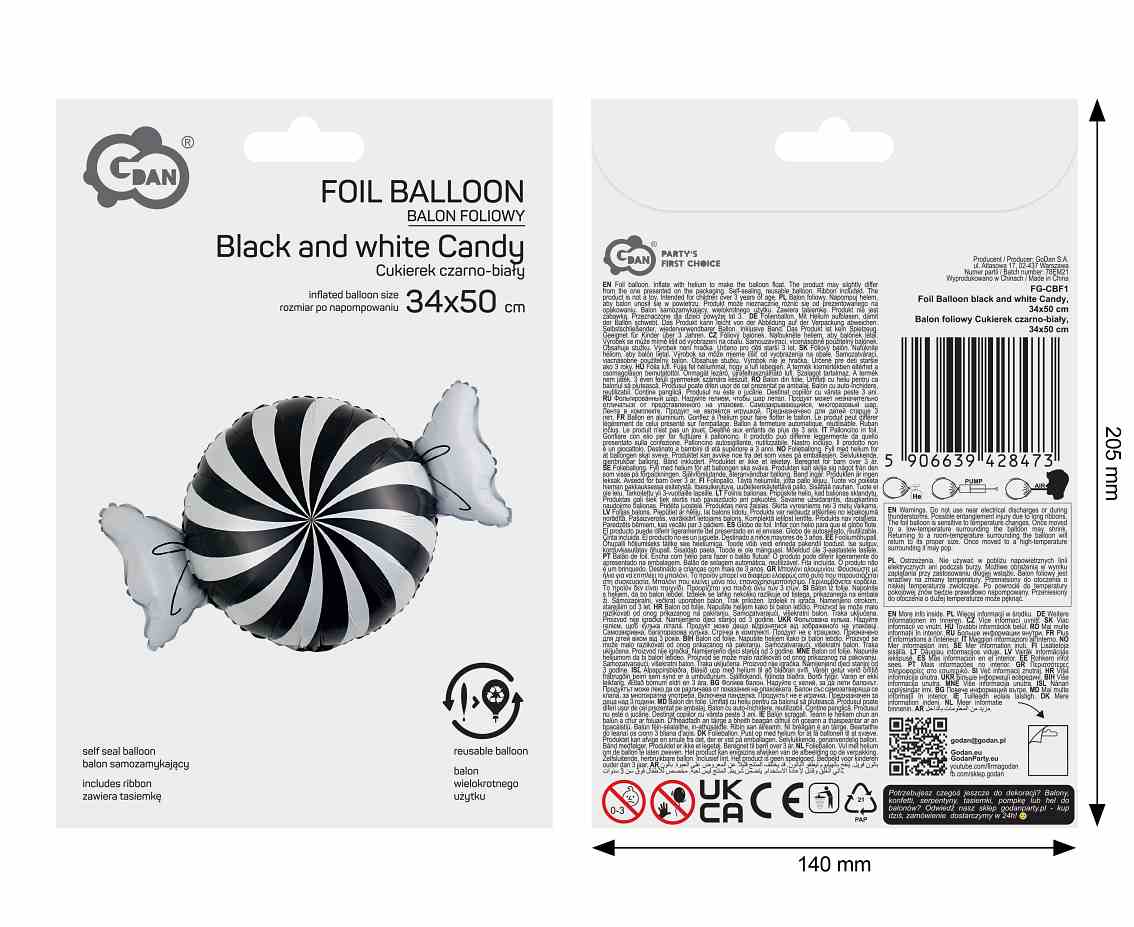 Balon foliowy Cukierek czarno-biały, 34x50cm