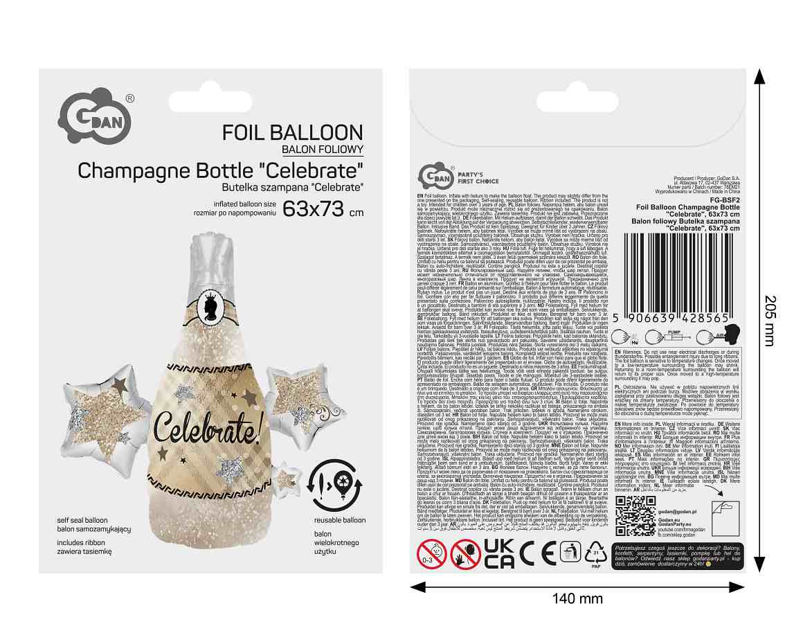 Balon foliowy Butelka szampana "Celebrate", 63x73cm