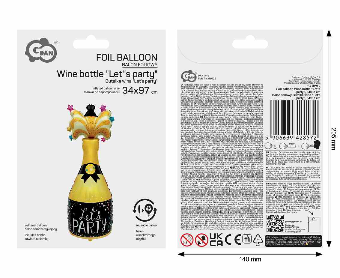 Balon foliowy Butelka wina "Let's party", 34x97cm