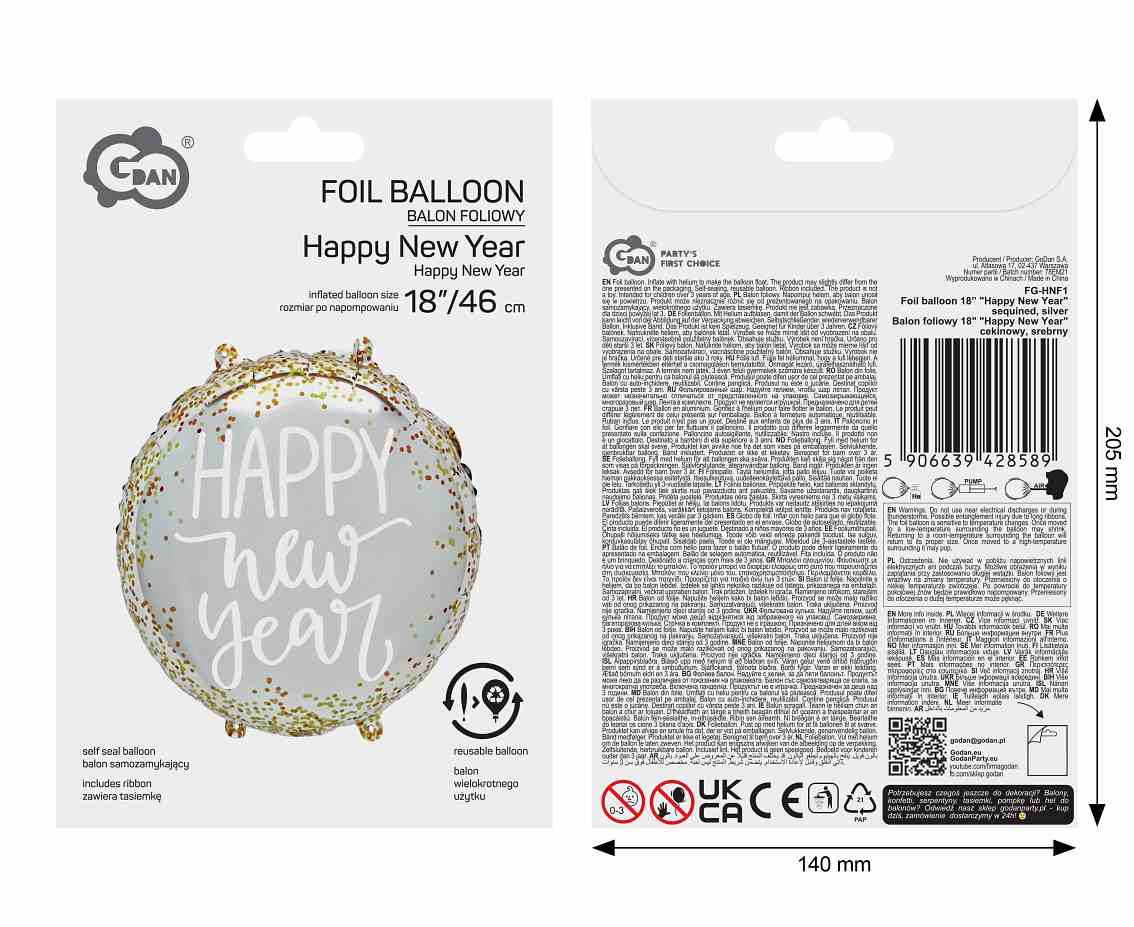 Balon foliowy 18" "Happy New Year" cekinowy, srebrny