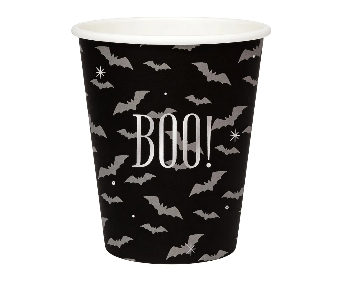 Kubeczki papierowe czarne, białe duszki "Boo!", 266 ml, 6 szt.
