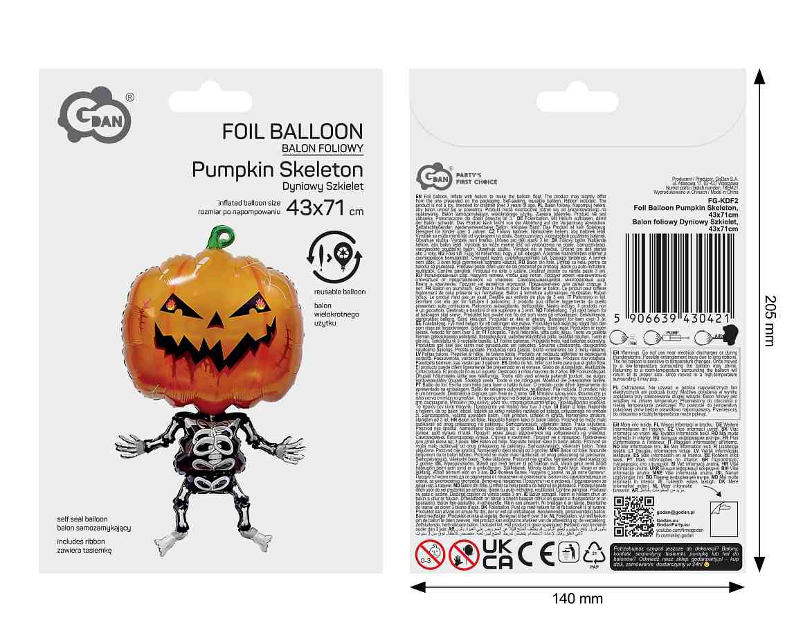 Balon foliowy Dyniowy Szkielet, 43x71cm