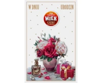 Kartka urodzinowa z naklejaną cyfrą, kwiaty w wazonie, prezenty, perfumy