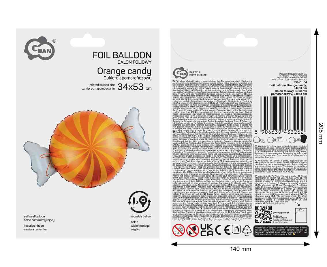 Balon foliowy Cukierek pomarańczowy, 34x53cm