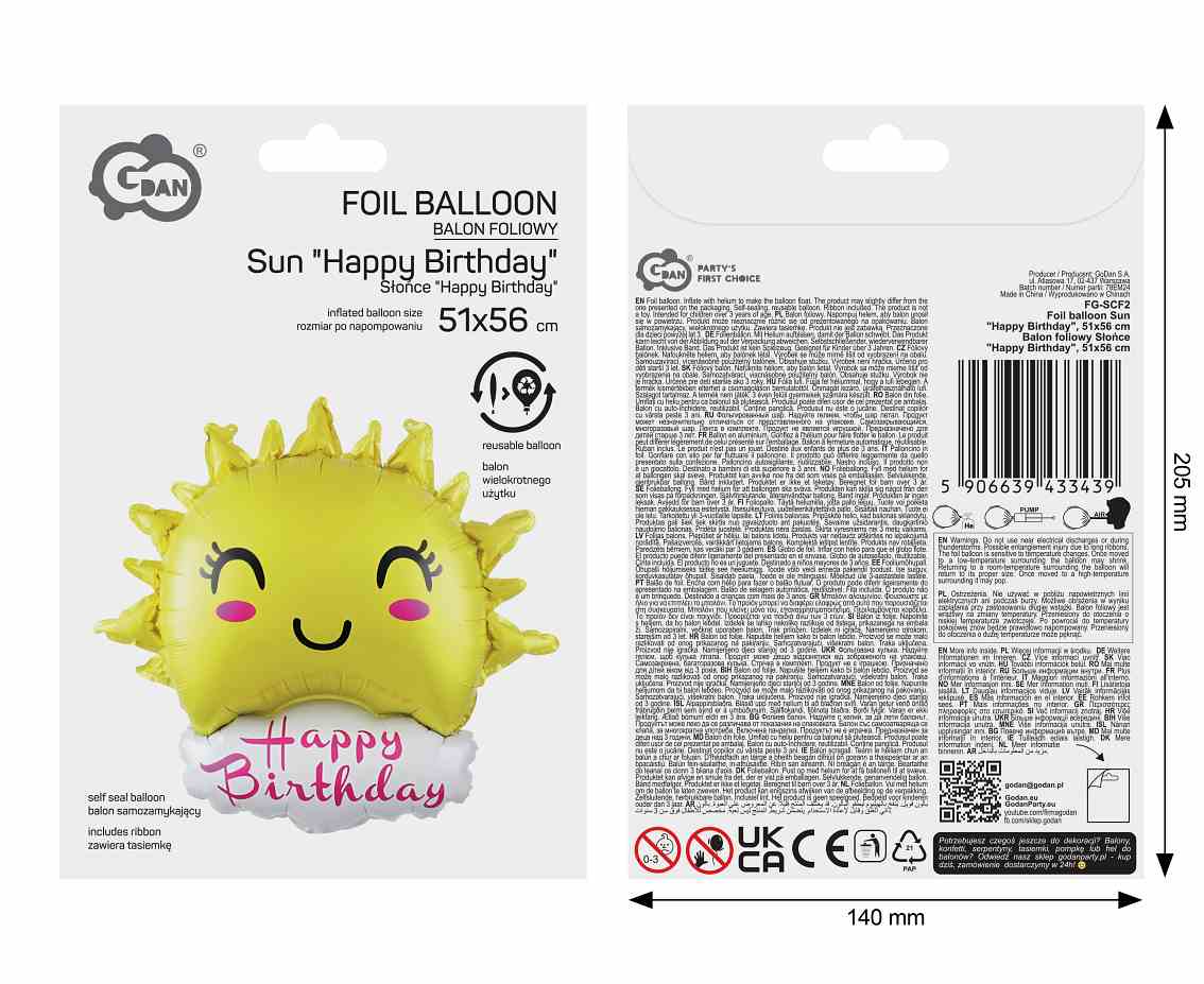 Balon foliowy Słońce "Happy Birthday", 51x56cm
