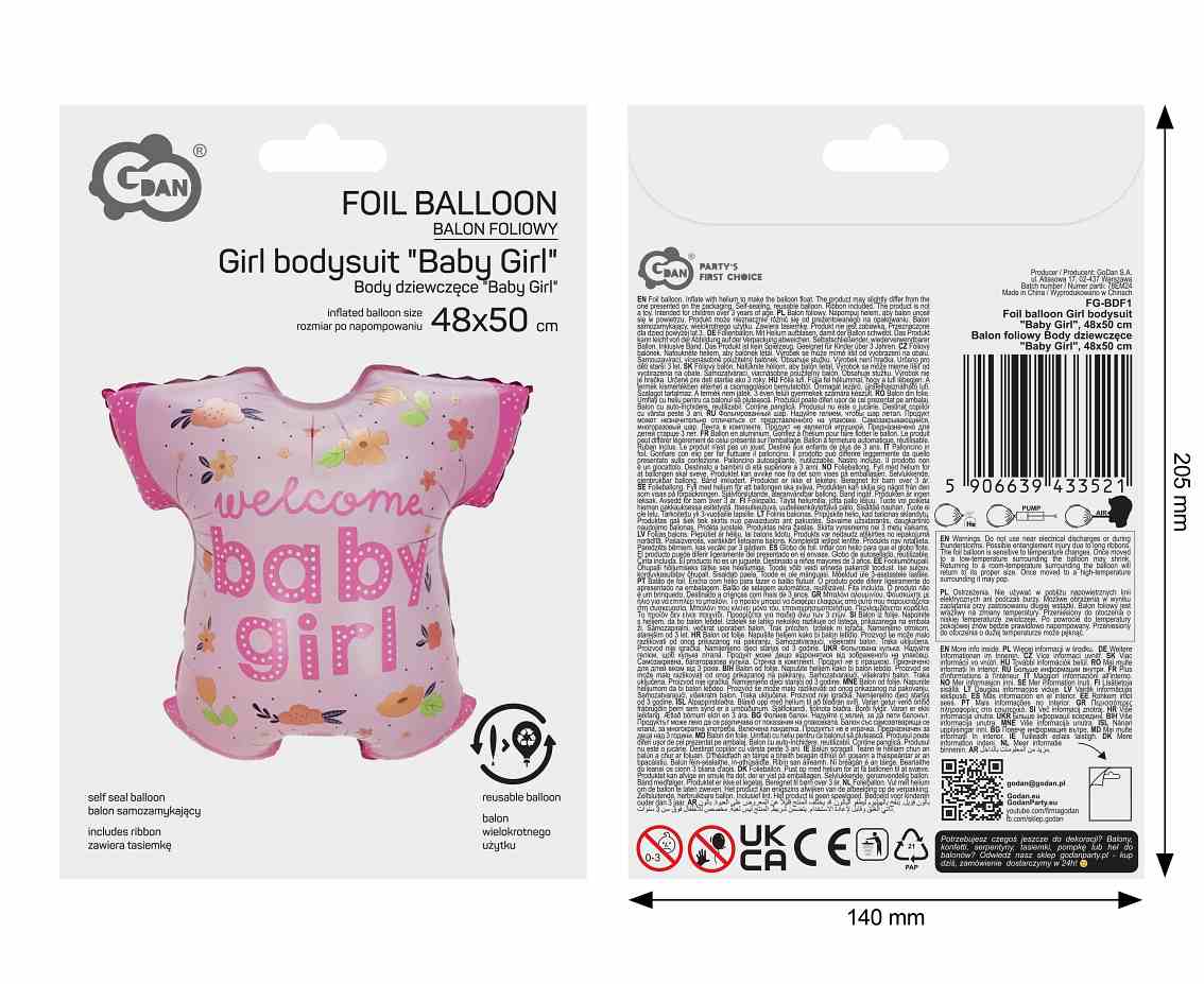 Balon foliowy Body dziewczęce "Baby Girl", 48x50cm
