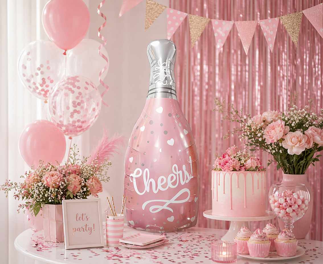 Balon foliowy Butelka "Cheers", różowa, 31x74cm