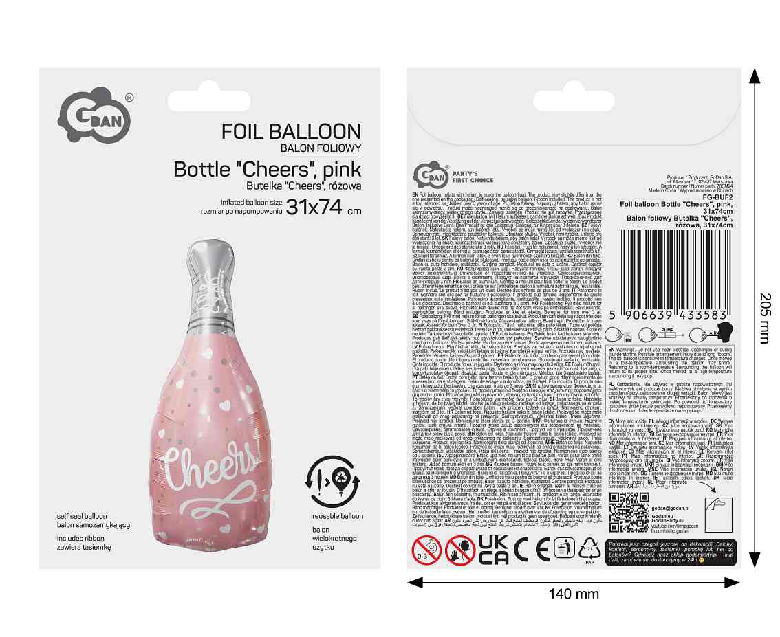 Balon foliowy Butelka "Cheers", różowa, 31x74cm
