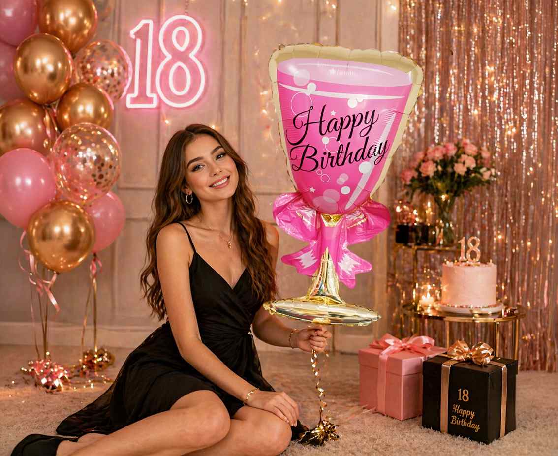 Balon foliowy Kieliszek "Happy Birthday", różowy, 38x73cm