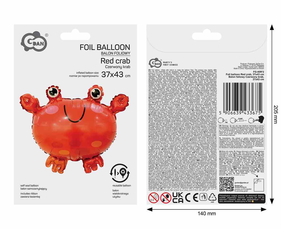 Balon foliowy Czerwony krab, 37x43cm