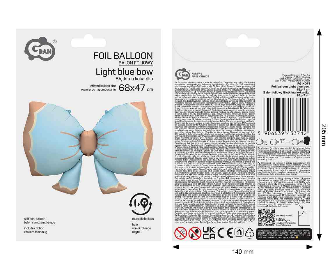 Balon foliowy Błętkitna kokardka, 68x47cm