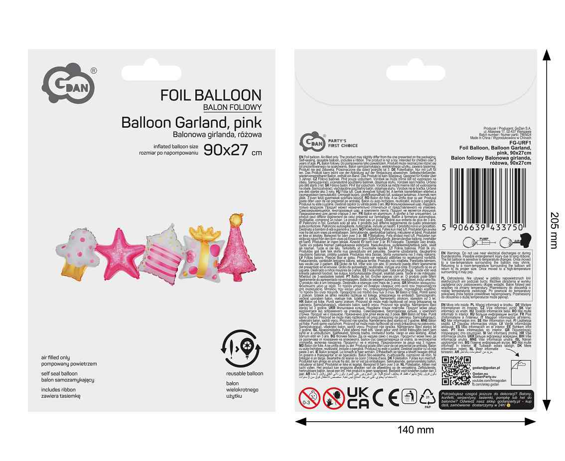Balon foliowy Balonowa girlanda, różowa, 90x27cm