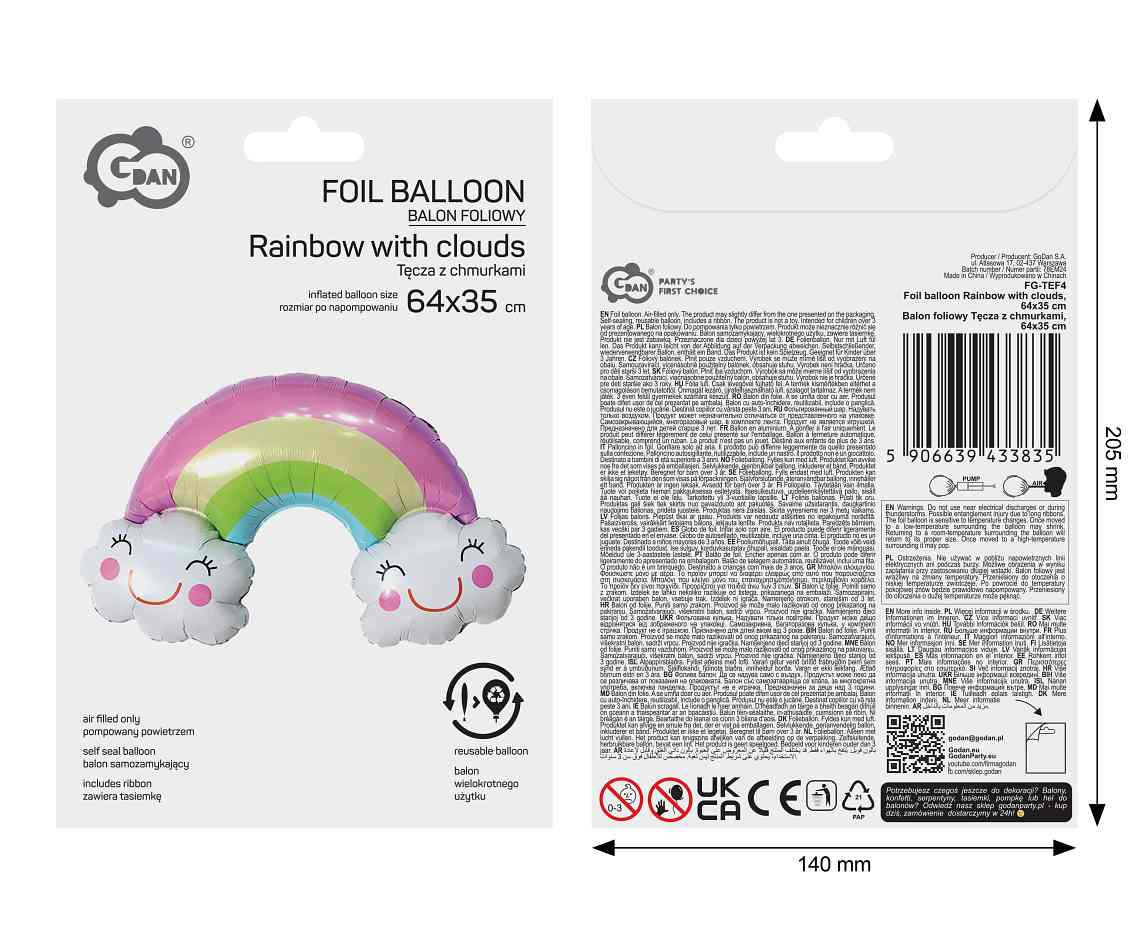 Balon foliowy Tęcza z chmurkami, 64x35cm