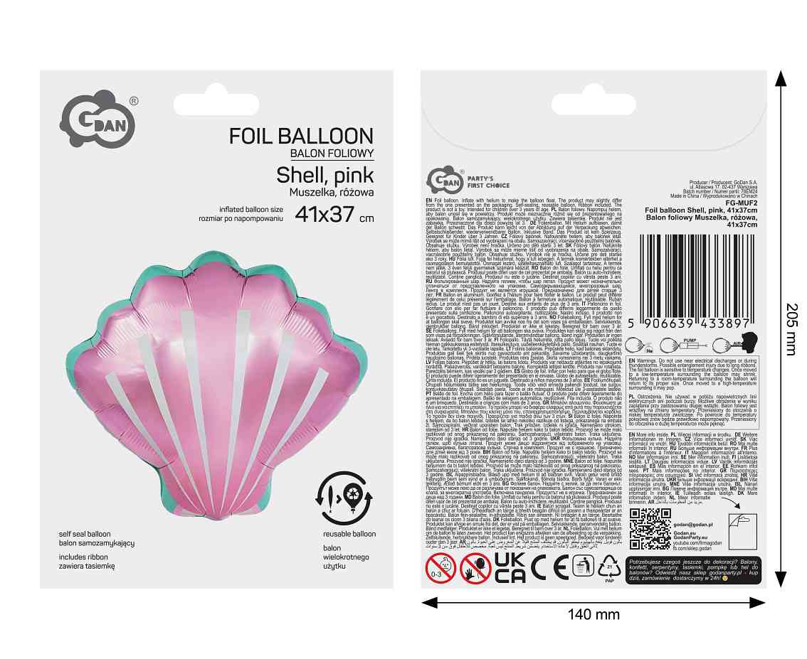 Balon foliowy Muszelka, różowa, 41x37cm