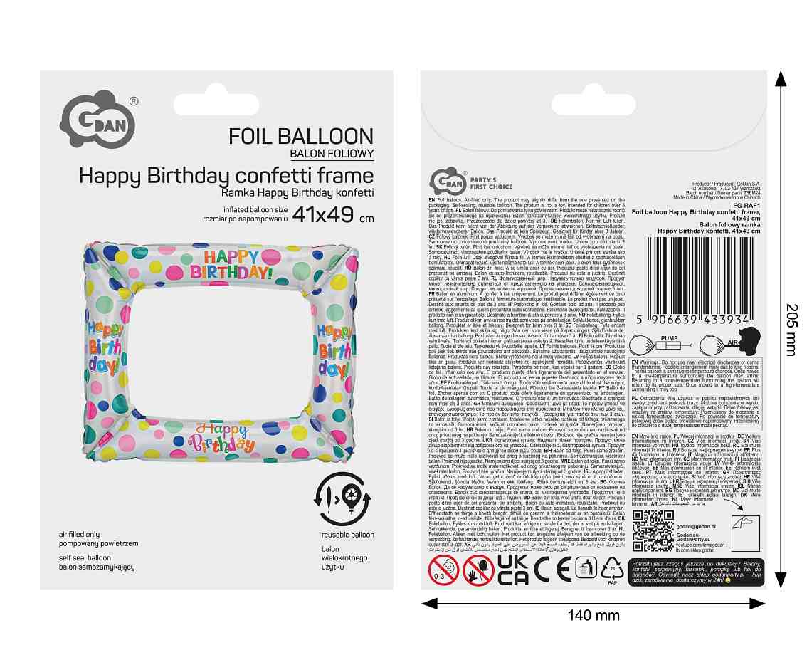 Balon foliowy ramka Happy Birthday konfetti, 41x49cm