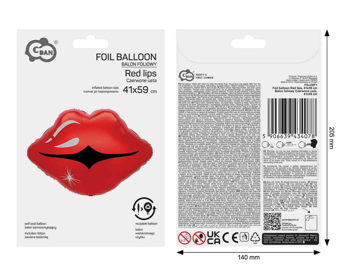 Balon foliowy Czerwone usta, 41x59cm