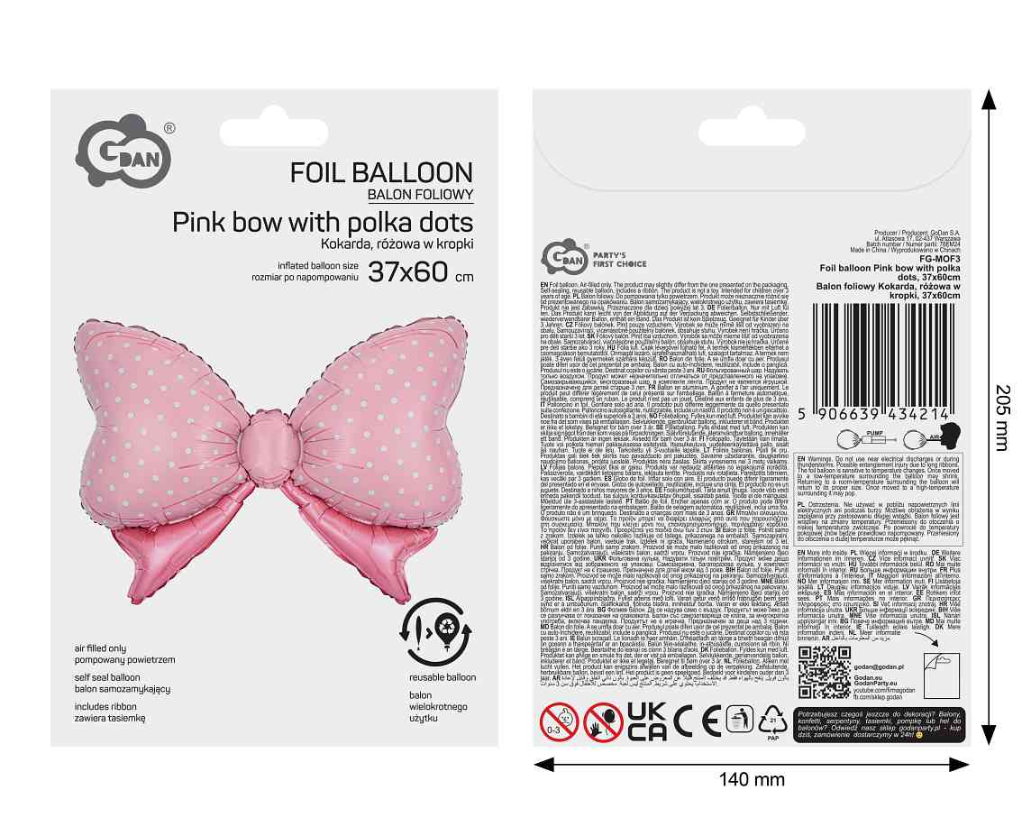 Balon foliowy Kokarda, różowa w kropki, 37x60cm