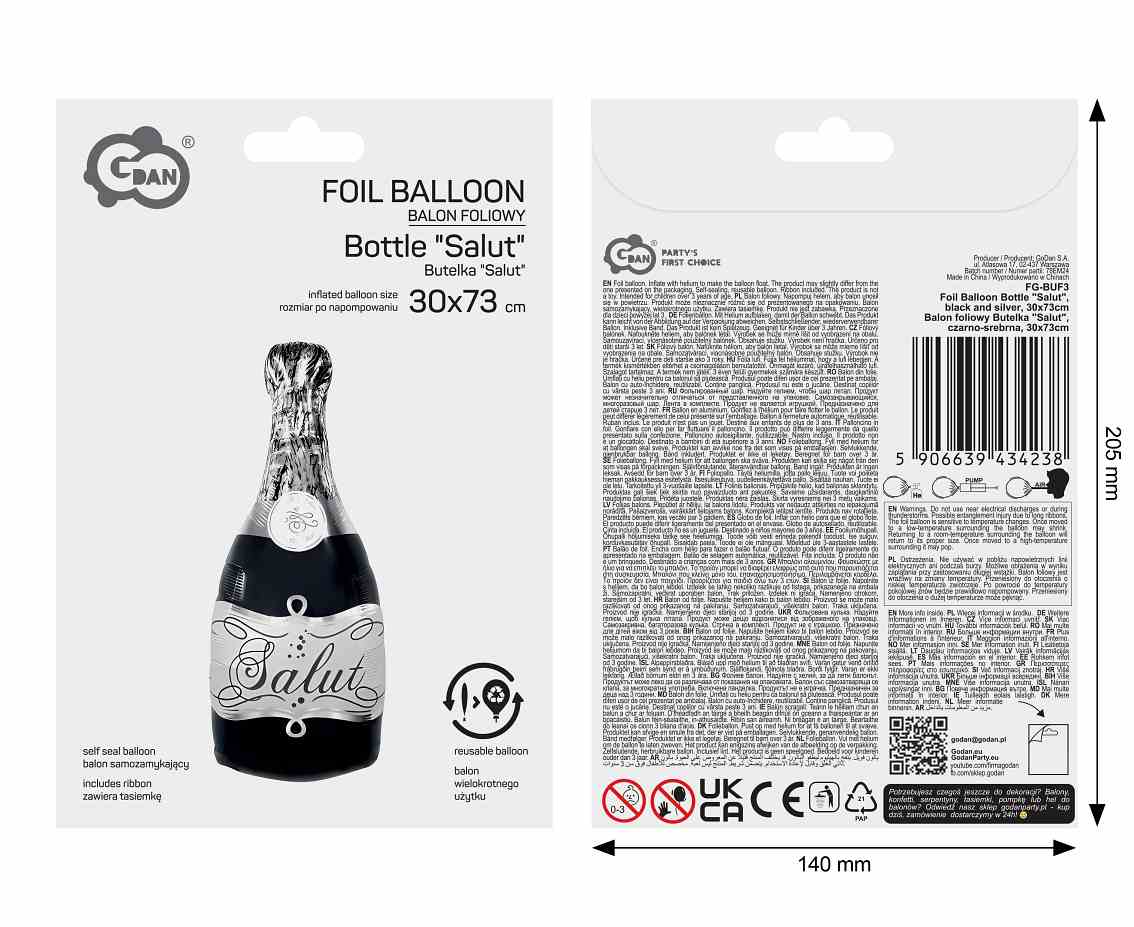 Balon foliowy Butelka "Salut", czarno-srebrna, 30x73cm
