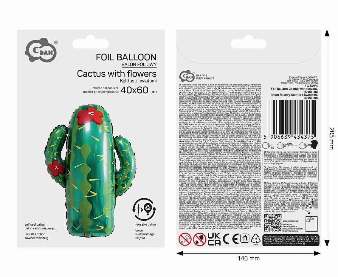Balon foliowy Kaktus z kwiatami, 40x60cm