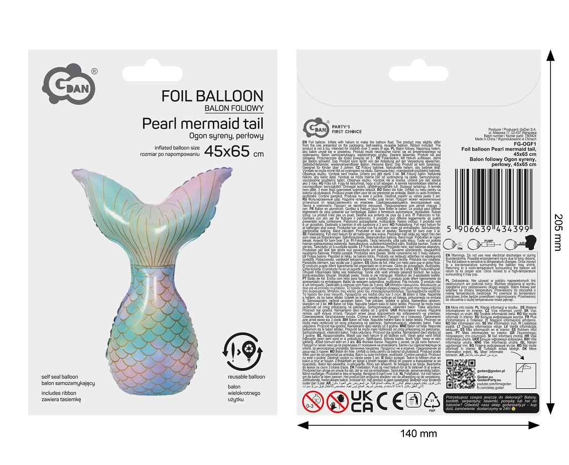 Balon foliowy Ogon syreny, perłowy, 45x65cm