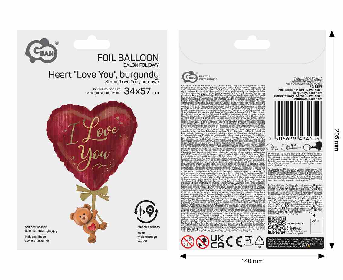 Balon foliowy  Serce "Love You", bordowe, 34x57cm