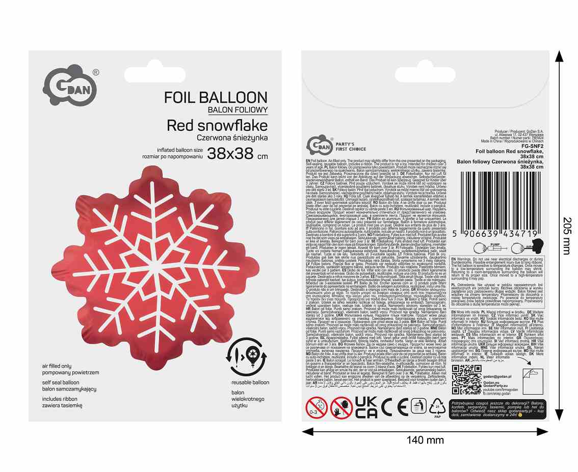 Balon foliowy Czerwona śnieżynka, 38x38cm