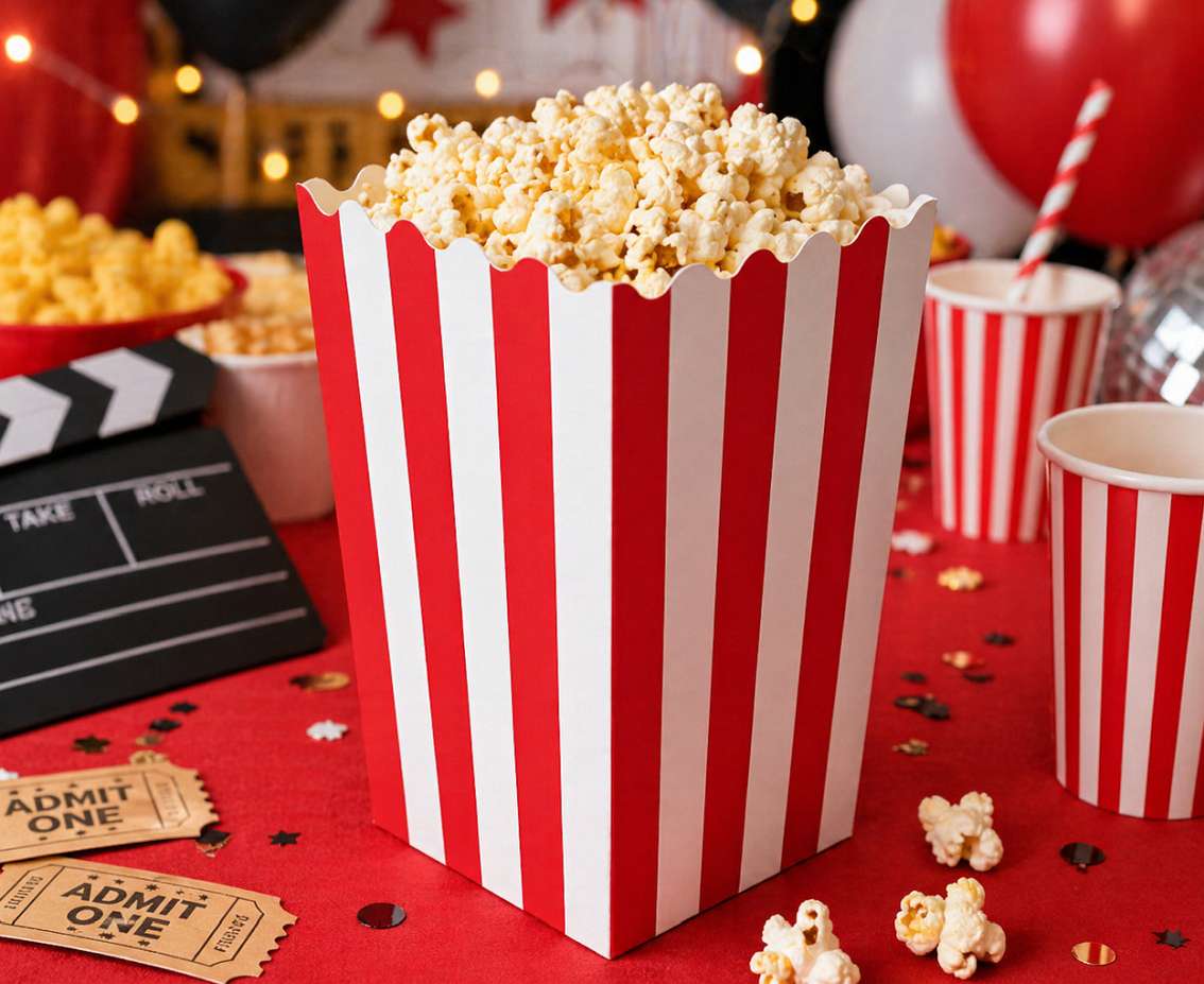 Pudełko na popcorn, czerwono-białe paski, 4 szt.