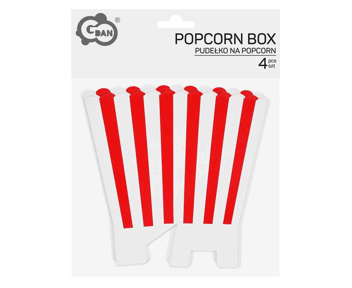 Pudełko na popcorn, czerwono-białe paski, 4 szt.