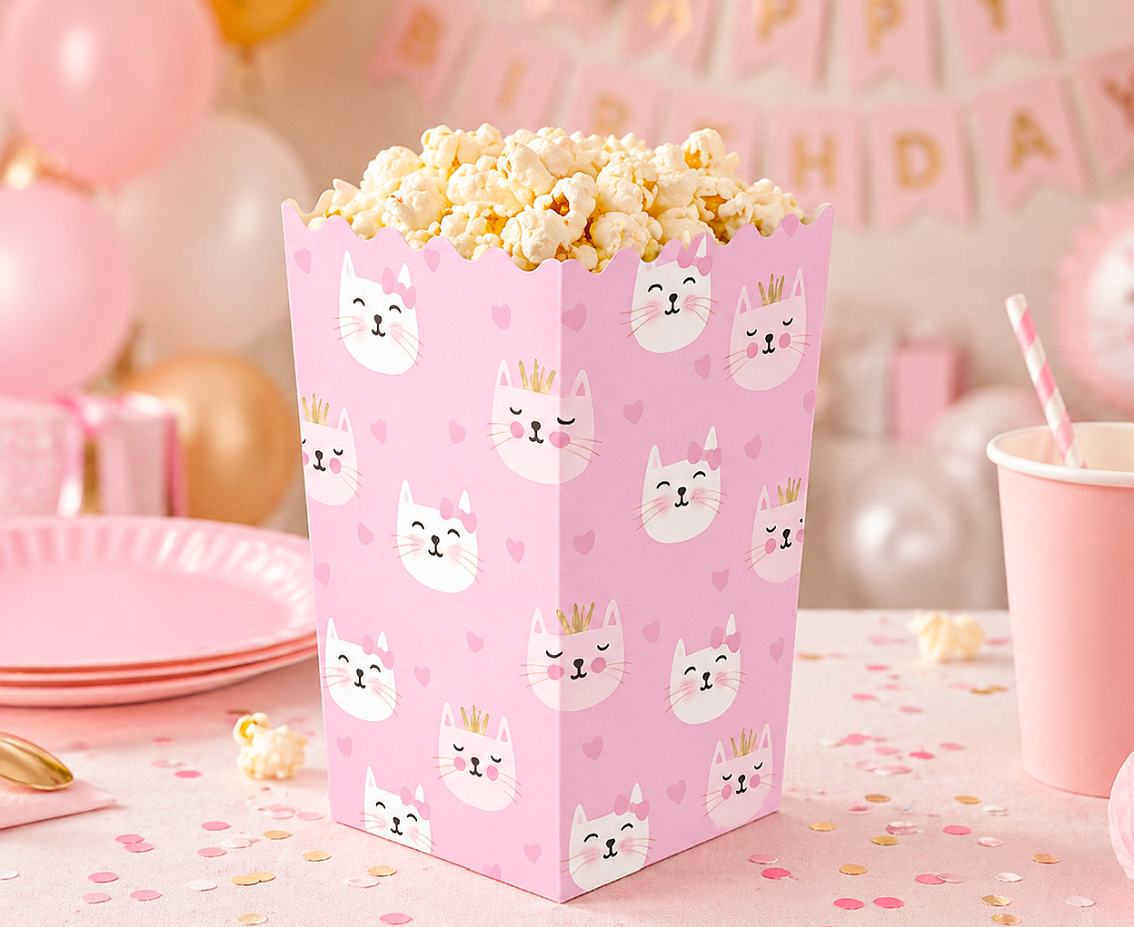 Pudełko na popcorn, różowe w kotki, 4 szt.