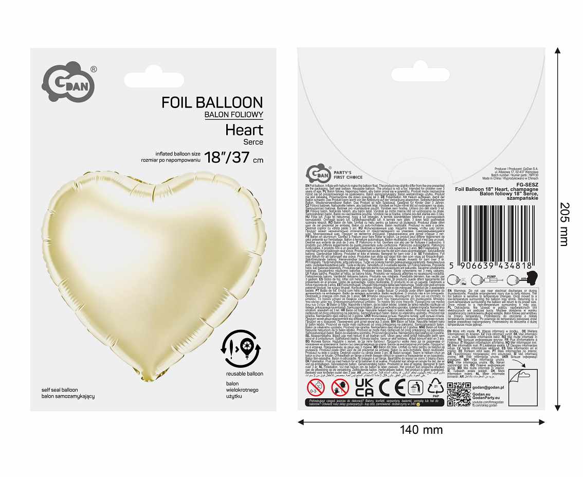 Balon foliowy 18" Serce, szampańskie