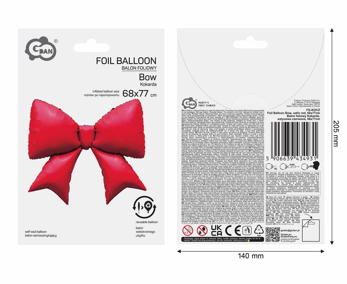Balon foliowy Kokarda, satynowa czerwona, 68x77cm