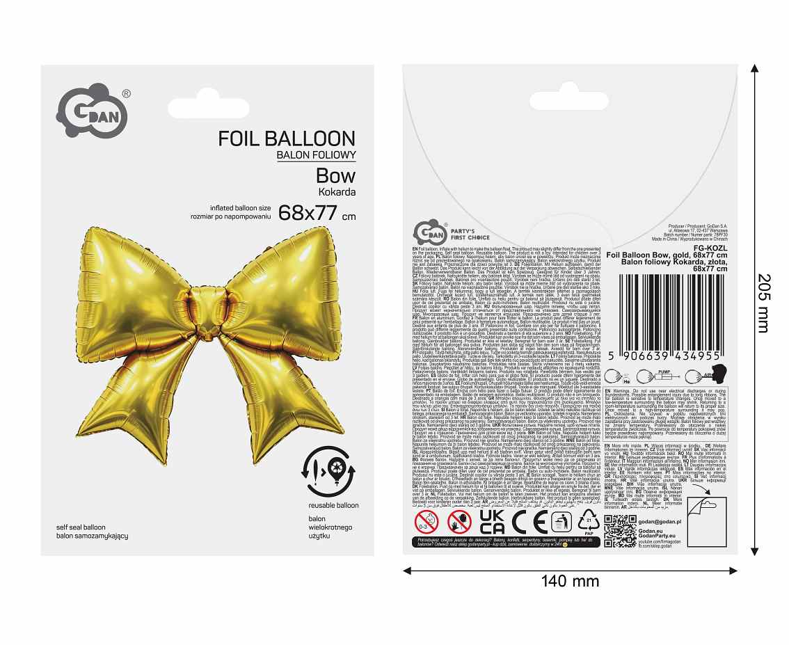 Balon foliowy Kokarda, złota, 68x77cm
