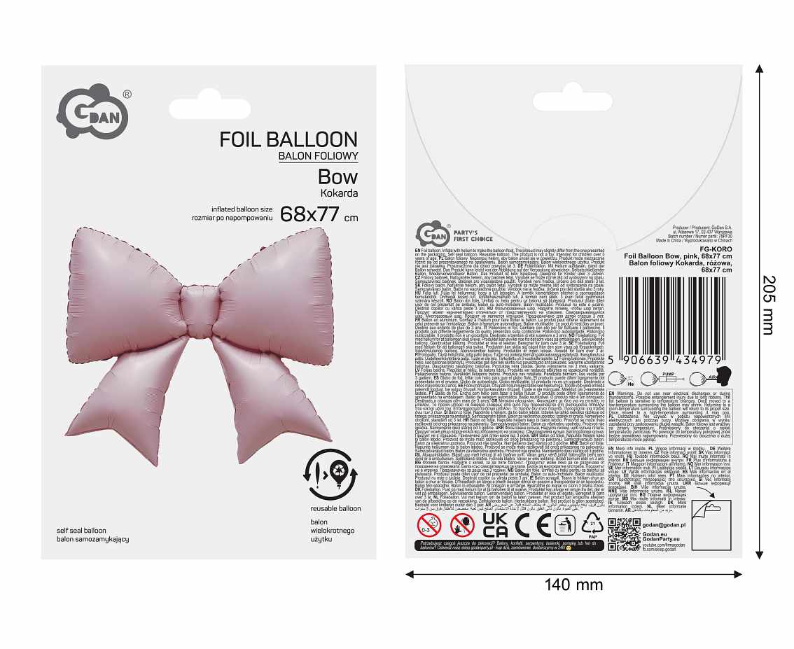 Balon foliowy Kokarda, różowa, 68x77cm