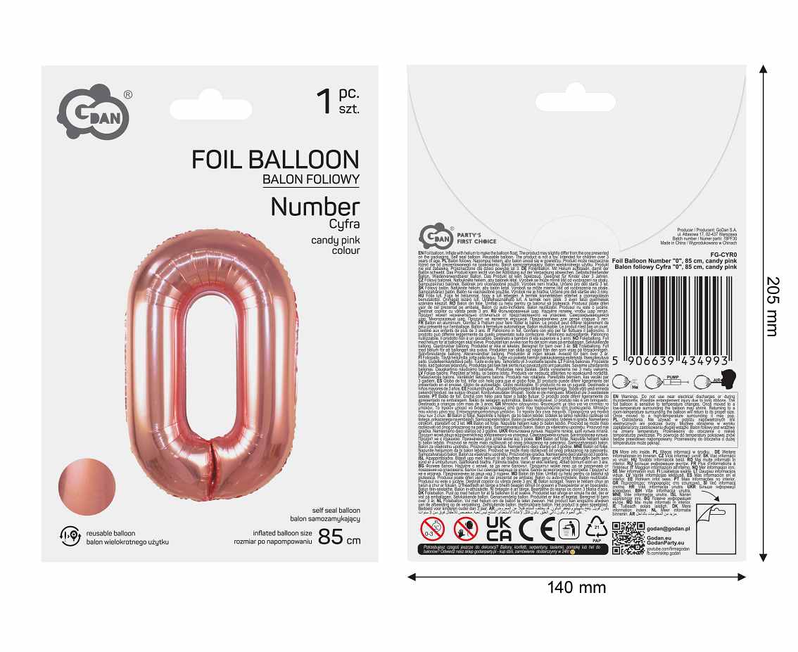 Balon foliowy Cyfra "0", 85 cm, candy pink
