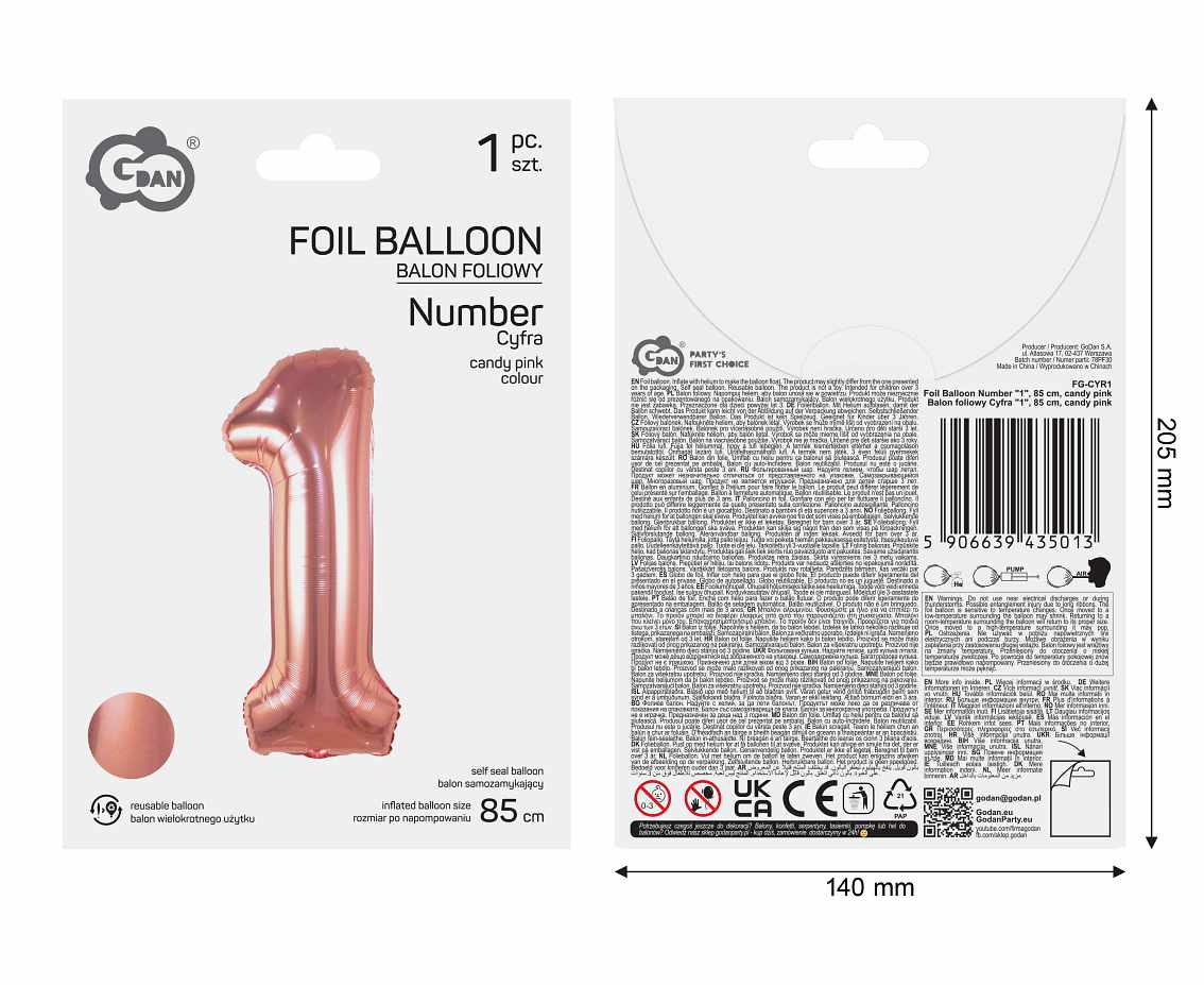 Balon foliowy Cyfra "1", 85 cm, candy pink