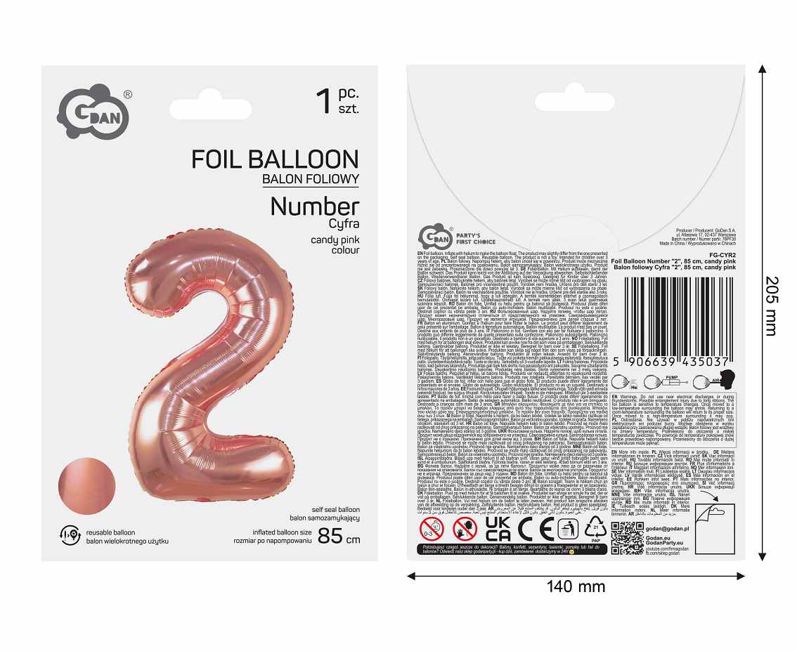 Balon foliowy Cyfra "2", 85 cm, candy pink
