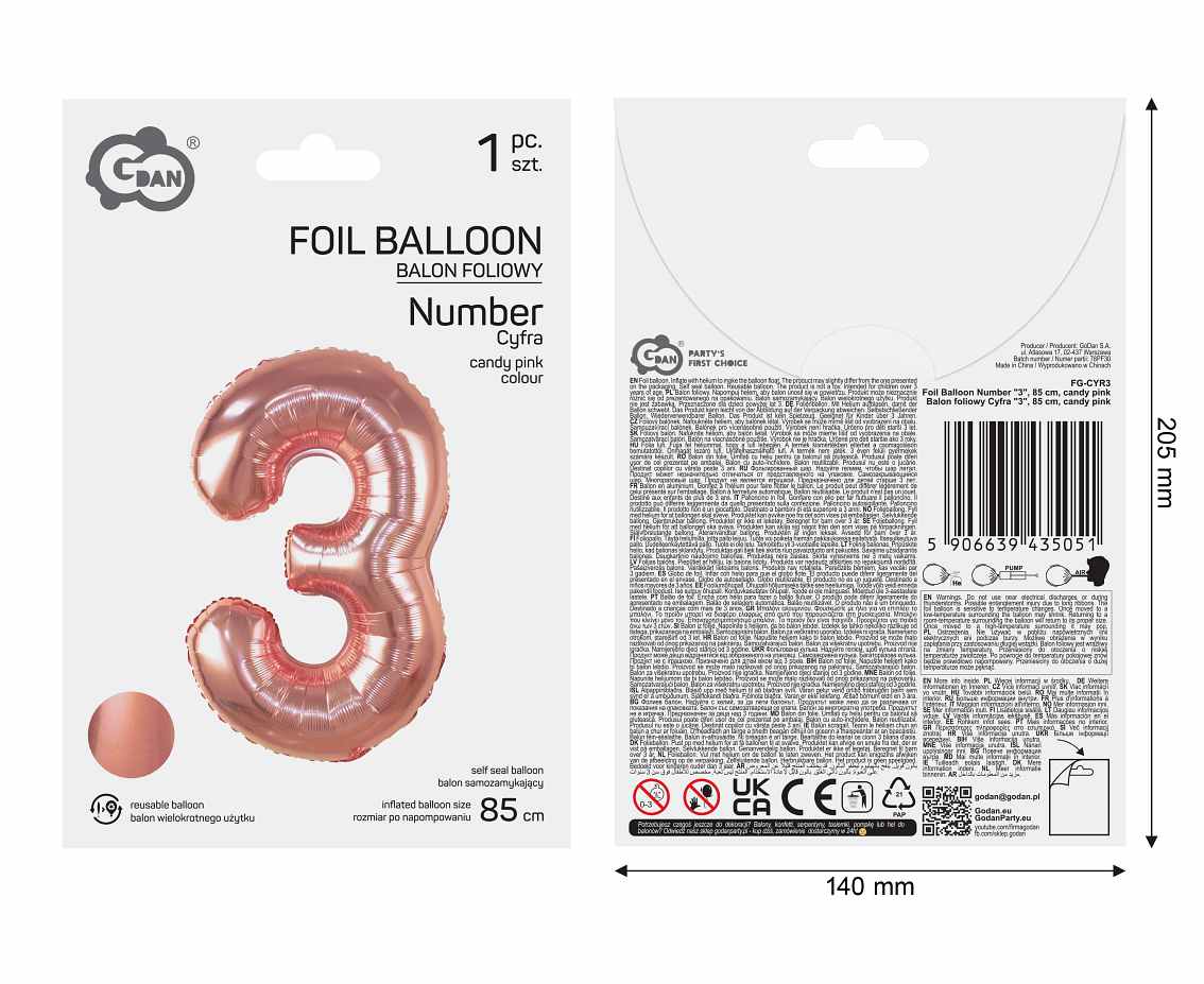 Balon foliowy Cyfra "3", 85 cm, candy pink