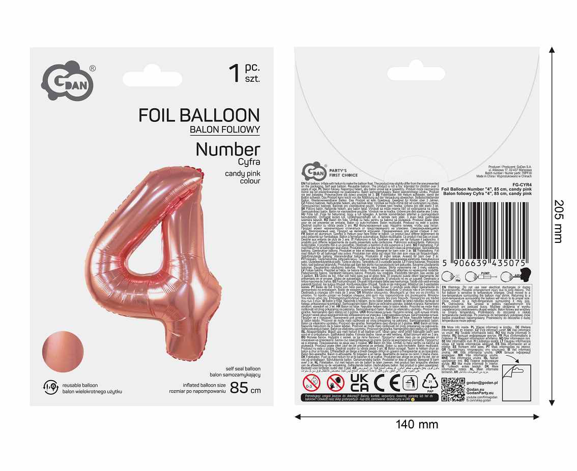 Balon foliowy Cyfra "4", 85 cm, candy pink