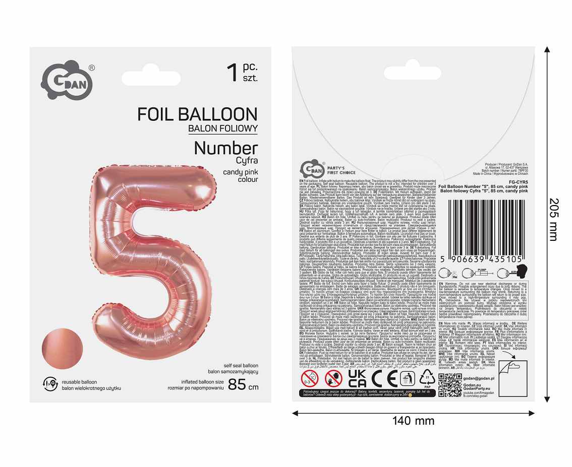 Balon foliowy Cyfra "5", 85 cm, candy pink