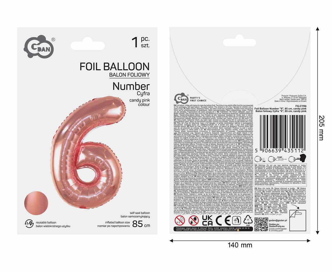 Balon foliowy Cyfra "6", 85 cm, candy pink