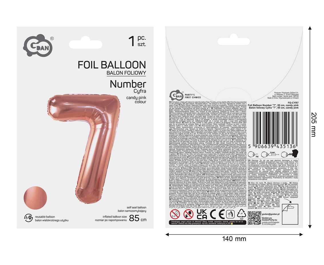 Balon foliowy Cyfra "7", 85 cm, candy pink