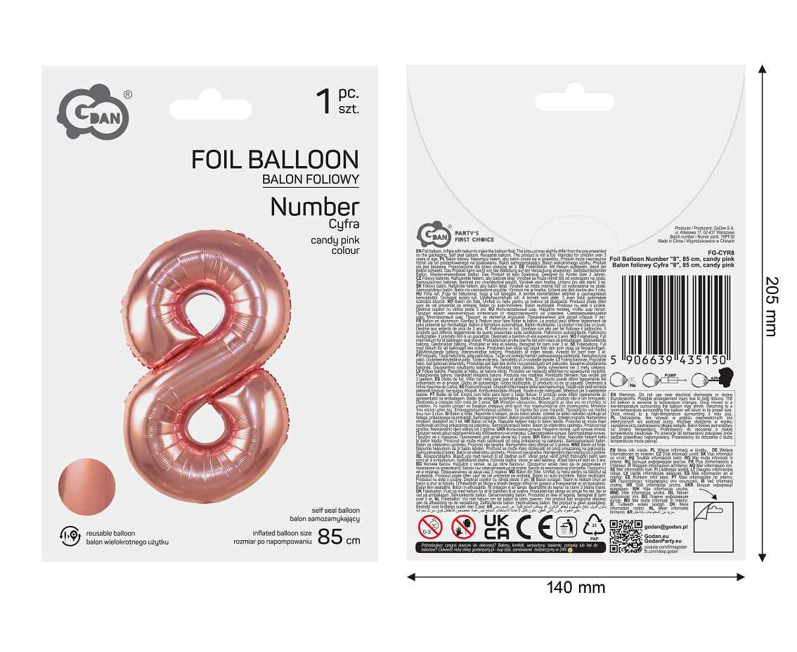 Balon foliowy Cyfra "8", 85 cm, candy pink