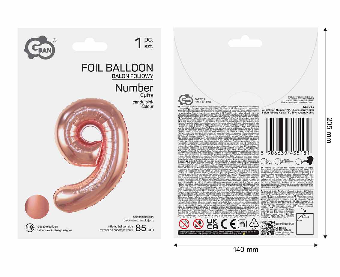 Balon foliowy Cyfra "9", 85 cm, candy pink