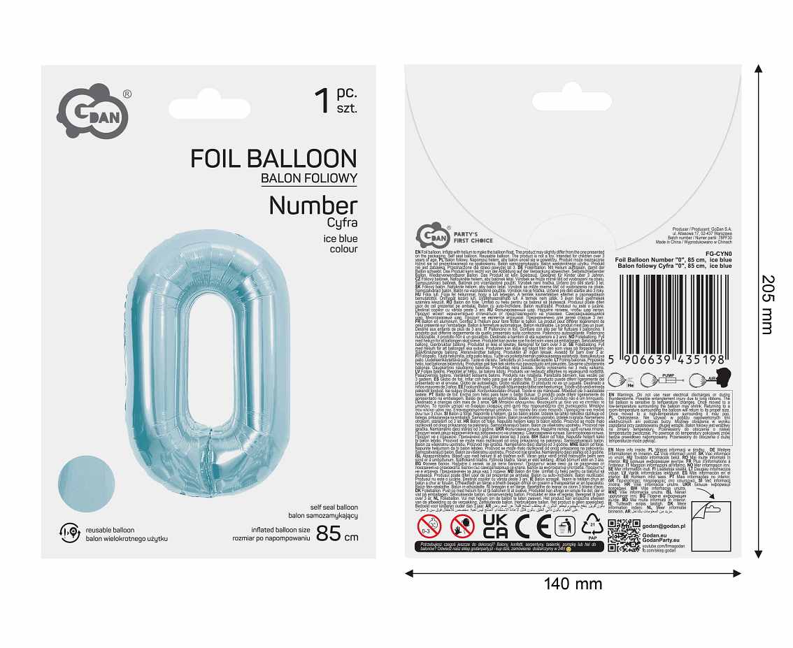 Balon foliowy Cyfra "0", 85 cm, ice blue