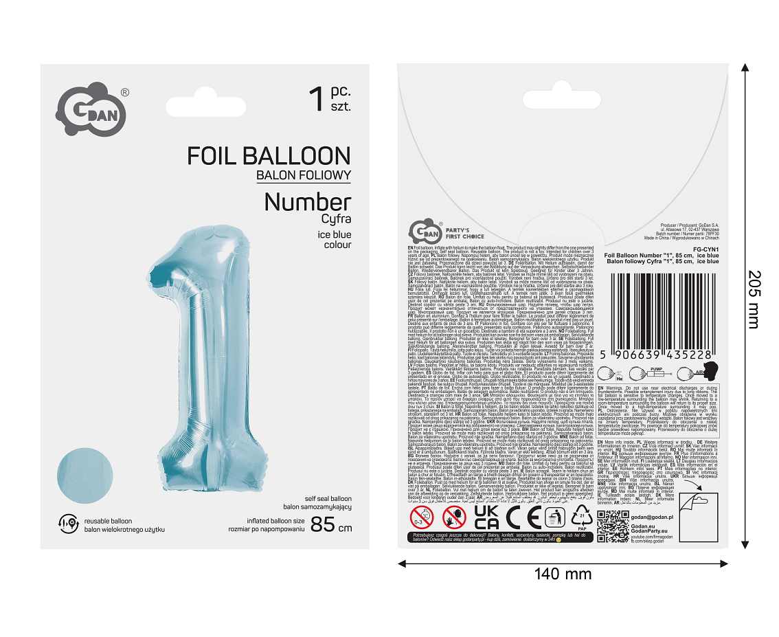 Balon foliowy Cyfra "1", 85 cm, ice blue