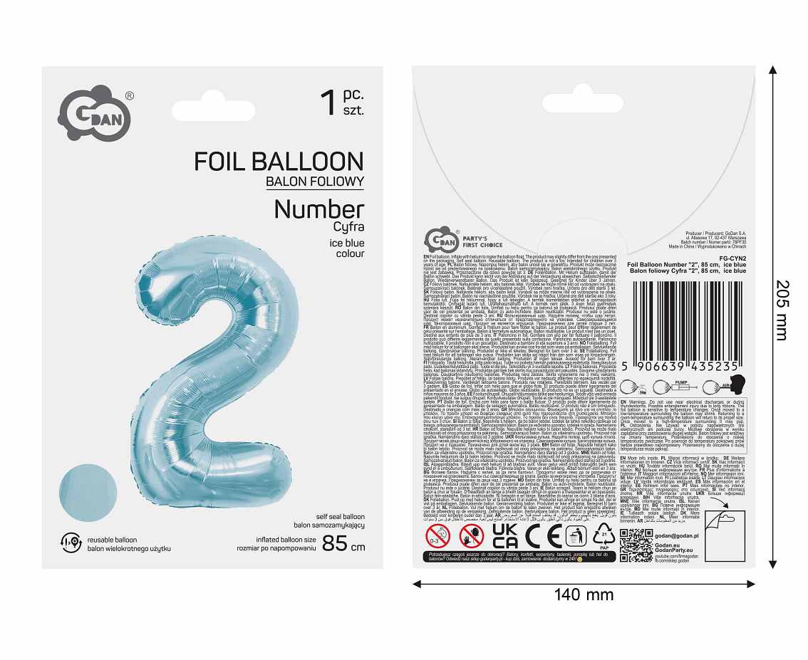 Balon foliowy Cyfra "2", 85 cm, ice blue
